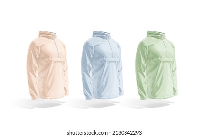 Blank Colored Windbreaker Mock Up, Side View, 3d Rendering. Empty Pink, Blue And Green Windbreak Coat Mockup, Isolated. Clear Waterproof Synthetic Bomber Or Raincoat Template.