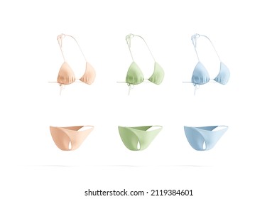 Blank Colored Woman Bikini Mockup Set, Side View, 3d Rendering. Empty Pink, Green And Blue Spandex Lingerie For Pool Swimming Mock Up, Isolated. Clear Skirtini With Bra And Briefs Template.