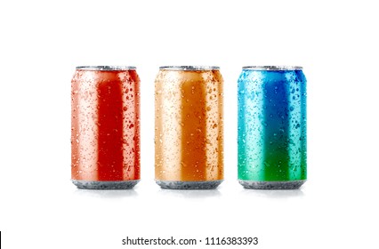 Blank Colors Aluminium Soda Can Mockup With Drops, 3d Rendering. Empty Fresh Fizzy Pop Packing Mock Up With Condensate, Isolated. Canned Dripping Drink Template.