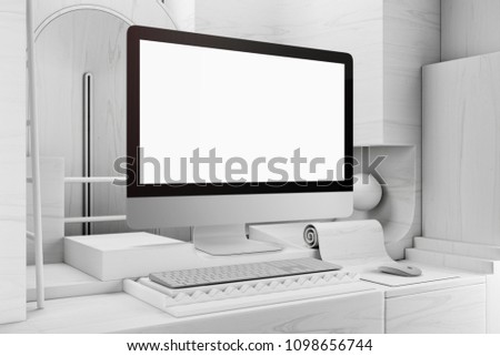 Blank computer desktop mockup with keyboard and mouse on White Wood Minimalistic showcase, with abstract and primitive geometric shapes. Perspective view. 3d rendering
