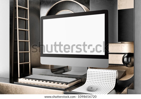 Blank Computer Desktop Mockup Keyboard Mouse Stock Illustration
