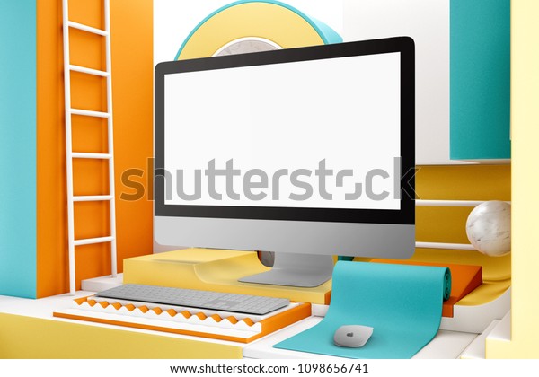 Blank Computer Desktop Mockup Keyboard Mouse Stock Illustration