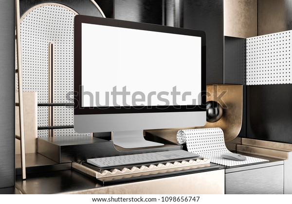 Blank Computer Desktop Mockup Keyboard Mouse Stock Illustration