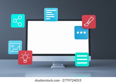 Blank computer screen with floating interface icons in modern clean style on dark background, concept of digital workspace, 3D Rendering
