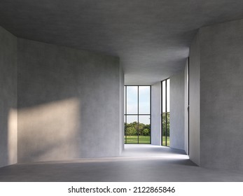 Blank concrete room with nature view 3d render,There are polished concrete floor ,wall and ceiling,There are large window look out to see the garden view,sunlight shining into the room.