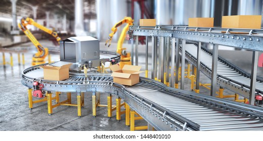 Blank conveyors on a blurred factory background. 3d illustration