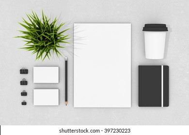 Blank Corporate Identity Stationery Set, Personal Branding Mockup Template. Sheets Of Paper, Business Cards, Plant, Notebook, Coffee Cup, Pencil And Clamps. Logo, Portfolio Items 3D Illustration.