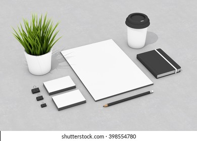 Blank corporate identity stationery set, personal branding mockup template. Sheets of paper, business cards, plant, notebook, coffee cup, pencil and clamps. Logo, portfolio items 3D illustration.