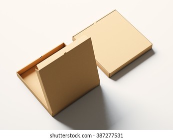 Blank Craft Paper Open Pizza Box On White Background. Horizontal Mockup. 3d Render