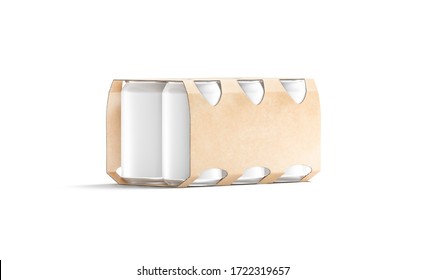 Blank Craft Six Beer Can Cardboard Pack Mockup, Half-turned View, 3d Rendering. Empty Folding Kraft Package For Aluminum Jar Mock Up, Isolated. Clear Take Out Drink Packaging Mokcup Template.