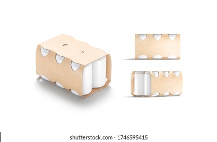 Blank Craft Six Beer Can Cardboard Pack Mockup, Different Views, 3d Rendering. Empty Kraft Paper Boxed With Aluminum Tin Mock Up, Isolated. Clear Folding Holder For Drink Jar Mokcup Template.