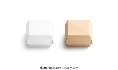 Blank Craft And White Burger Box Mockup Set, Isolated, 3d Rendering. Empty Fast Food Package Mock Up, Top View. Clear Portable Carton Container For Cheeseburger Or Chicken Wings Template.