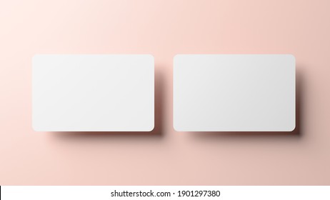 Blank credit card mockup front and back over a neutral background in realistic 3D rendering. Rounded corners business card mock up for design template