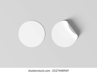 Blank curled sticker mockup isolated on white. Circular label template. 3D rendering