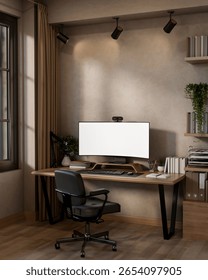 Blank curved screen computer with webcam and microphone on wooden table in modern bedroom or office. Live Podcast setup, 3D Rendering, 3D Illustration.