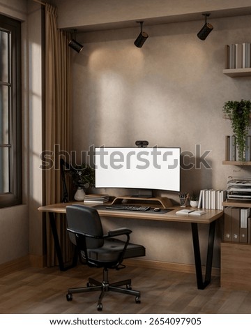 Blank curved screen computer with webcam and microphone on wooden table in modern bedroom or office. Live Podcast setup, 3D Rendering, 3D Illustration.
