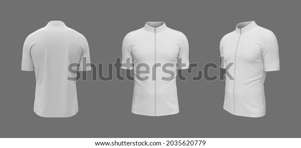 Blank cycling jersey mockup in front, side\
and back, 3d rendering, 3d\
illustration