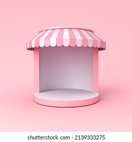 Blank Cylinder Exhibition Booth Store Facade Or Blank Display Shop Stand With Pink Striped Awning Isolated On Pink Pastel Color Background Minimal Conceptual 3D Rendering