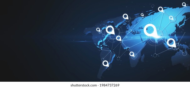 Blank dark backdrop with copyspace and virtual world map with glowing pins location, navigation concept. 3D rendering, mock up