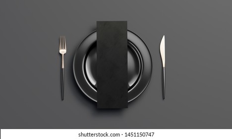 Blank Dark Checklist Mockup On Plate With Cutlery, Top View, Isolated, 3d Rendering. Clear Black Deluxe Dishware With Knife And Fork Mock Up. Empty Cutout Leaflet On Table Ware With Food Template.