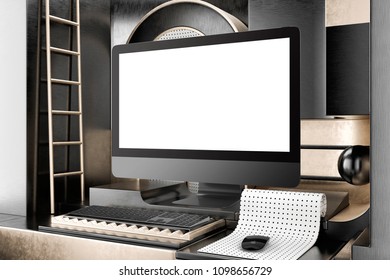 Blank dark computer desktop with keyboard and mouse on Black and Gold Minimalistic showcase, with abstract and primitive geometric shapes. Perspective view. 3d rendering
