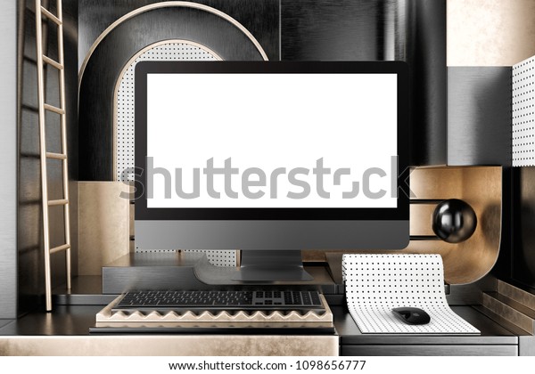 Blank Dark Computer Desktop Mockup Keyboard Stock Illustration