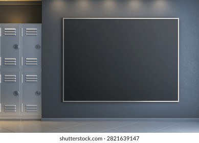 Blank dark poster frame display in clean realistic style on an industrial wall, concept of workplace presentation. 3D Rendering