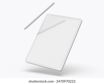 Blank digital tablet screen and touch drawing pen template, 3d illustration.