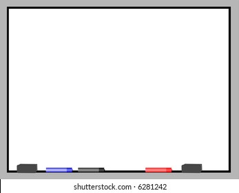 A Blank Dry Erase Board With Metal Trim.  Sitting On The Bottom Part Of The Trim Are Two Grey Eraser And Three Markers, Black, Red, And Blue.