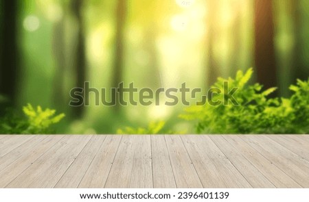 Blank or empty rustic wooden platform with forest or greenery background for product display. 3D render.