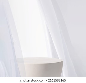 Blank Empty Space On Solid White Granite Stone Table For Beauty And Fashion Products Display With Blowing Satin Sheer Curtains And Sunlight. 3D Render, Templates, Mock Up, Background, Premium, Shiny.