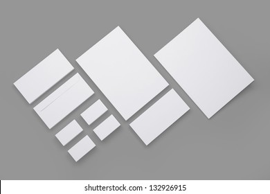 Blank Envelopes Business Card Documents And Folder Isolated On Grey / Corporate Id Stationary