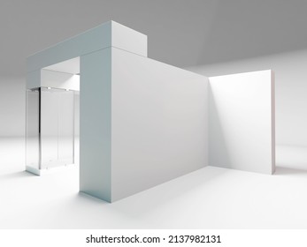 Blank Exhibition Stand, White Simple Retail Trade Stall, Wall Corner Backdrop, 3D rendering