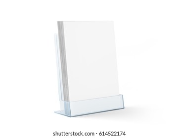 Blank flyer mockup glass plastic transparent holder isolated, 3d rendering. Plain flier stand in plexiglass tray. Clear brochure holding in acrylic pocket. Empty booklet mock up design presentation.