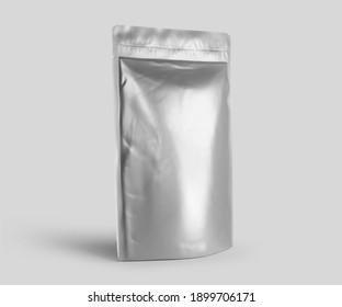 Blank Foil plastic pouch coffee bag, 3d rendering isolated on light background. Packaging template mockup, Aluminium coffee or juice package.
