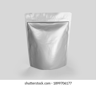 Blank Foil Plastic Pouch Coffee Bag, 3d Rendering Isolated On Light Background. Packaging Template Mockup, Aluminium Coffee Or Juice Package.