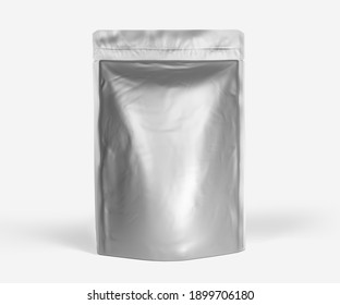 Blank Foil plastic pouch coffee bag, 3d rendering isolated on light background. Packaging template mockup, Aluminium coffee or juice package.