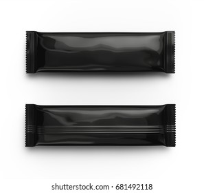 Blank food package mockup, two black bags template for snacks, sugar or instant coffee in 3d rendering, top view