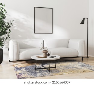 Blank Frame Mockup In Room Interior With Sofa, Cofee Table, Green Plant, 3d Rendering