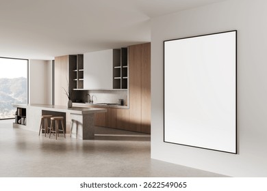 Maqueta de póster enmarcado en blanco en la pared blanca en el interior de la cocina moderna con muebles minimalistas de madera y hormigón, diseño limpio, luz natural, representación 3D