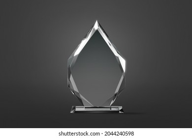 Blank Glass Arrow Shape Award Mock Up, Dark Background, 3d Rendering. Empty Drop Victory Grand For Achievement Mockup. Clear Transparent Premium Plaque For Prizewinner Template.