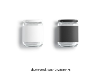 Blank Glass Jar With Black And White Label Mockup Lying, 3d Rendering. Empty Conservation Transparent Tin Mock Up, Isolated, Top View. Clear Screw Bank For Canned Food Template.