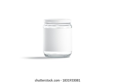 Blank Glass Jar With White Label And Cap Mockup, Isolated, 3d Rendering. Empty Storage Canister With Sticker Mock Up, Front View. Clear Glas Utensil For Jam Or Juice Preservation Template.