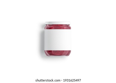 Blank Glass Jar With White Label And Berry Jam Mockup, 3d Rendering. Empty Fruit Pozzy In Preserve Can Mock Up, Isolated, Top View. Clear Conserve Bank For Raspberry Confiture Template.