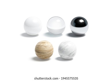 Blank Glass, Metallic, Wood And Marble Ball Mockup Set, 3d Rendering. Empty Gloss Nd Matte, Smooth And Shabby Globe Material Mock Up, Isolated. Clear Metal, Wooden, Granite Surface Template.