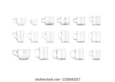Blank glass mug mock up, different types, front view, 3d rendering. Empty transparent crystal utensil mockup, isolated. Clear d-handle, barrel, bistro, cone, stacking, jumbo, cylindrical cup template.