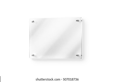 Blank Glass Name Plate Wall-mounted Mockup, Clipping Path, 3d Rendering. Clear Acrylic Signboard Design Mock Up. Empty Shiny Nameplate Holder Fixed On White Wall. Office Door Glassy Signage Template.