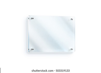 Blank Glass Sign Plate Wall-mounted Mockup, Clipping Path, 3d Rendering. Clear Acrylic Signboard Design Mock Up. Empty Shiny Nameplate Holder Fixed On White Wall. Office Door Glassy Signage Template.