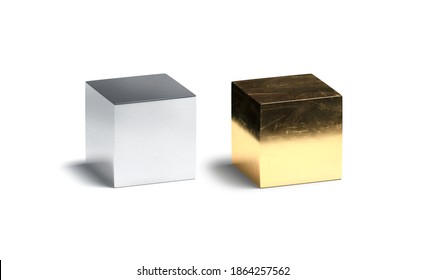 Blank Gloss Silver And Gold Cube Mockup Set, 3d Rendering. Empty Chrome And Golden Geometry Box Mock Up, Isolated. Clear Scratched Metallic Figure Stand Reflexion Template.