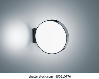 Blank Glowing Round Store Signage Design Mockup Isolated, 3d Rendering. Empty Circular Light Box Mock Up. Illuminated Shop Lightbox Template. Street Sign Hanging Mounted On The Wall. Signboard